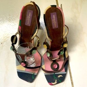 Emilio Pucci brown strapoy sling back buckle sandals with pearl/metal details